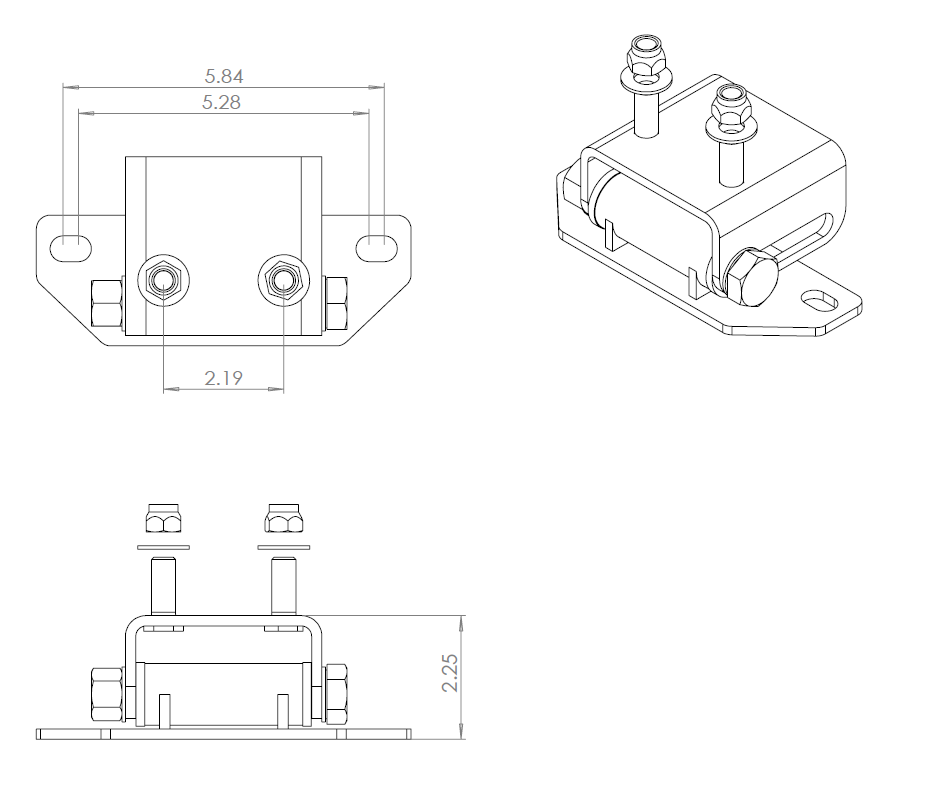 G Force Ford Adjustable Transmission Mount illustrations with measurements.