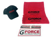 G Force swag black hat with red logo, red shop towels with black logo, and 3 G Force Decals