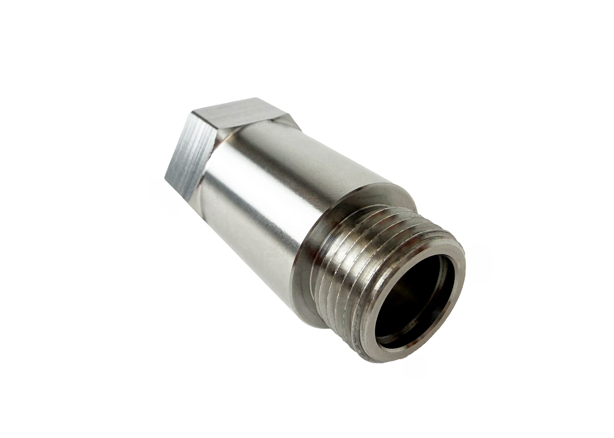 Straight Stainless Steel Adapter Fitting with 18mm Male to 18mm Female Threads angled view