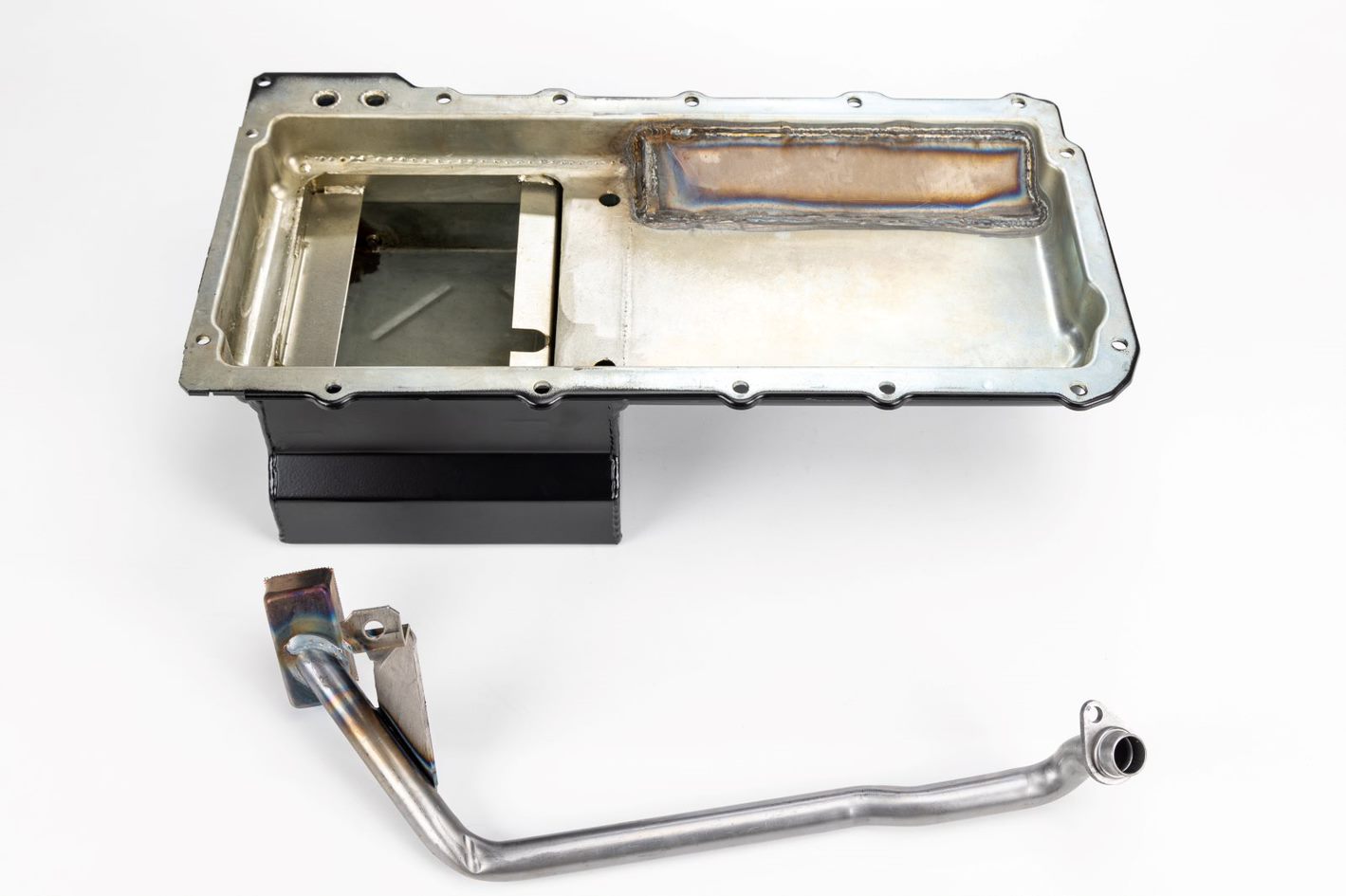Image of the top of the custom oil pan and pickup tube for the 1982-1991 Porsche 944 LS Swap Kit.